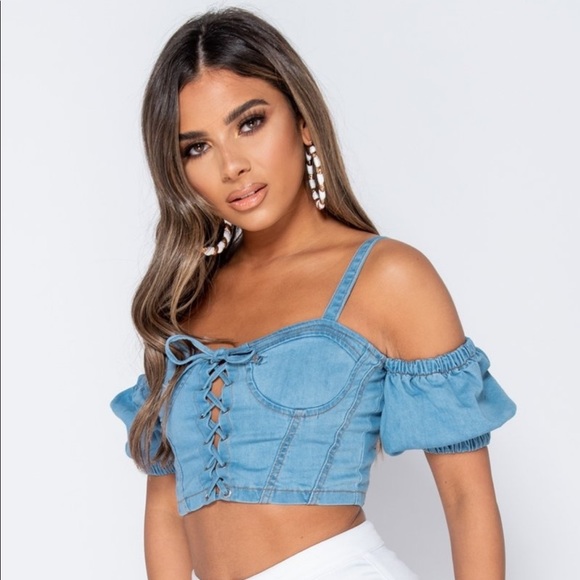 Parisian Denim Corset Cold Shoulder Bustier top - Picture 7 of 17